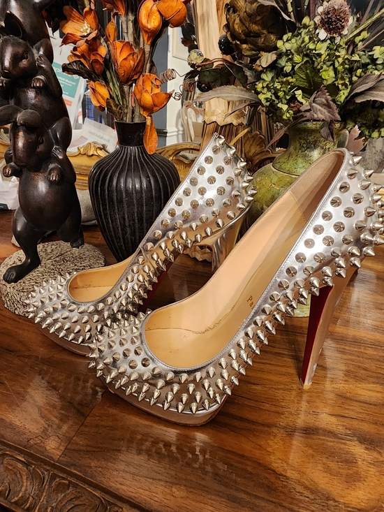 Christian Louboutin Shoes - Christian Louboutin Silver Spike-Studded Platform Pumps with Red Soles